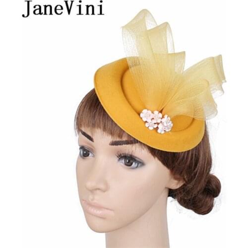 JaneVini Western Style Yellow Wedding Hats for Women Elegant Fascinators Navy Beaded Tulle Hair Accesories Brides Ceremony Hat