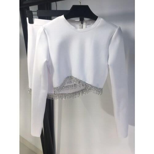 New Ladies Fashion 2021 Suit Round Neck Tassel Hot Rhinestone Long Sleeve Top + Arm Bandage Short Skirt 2-piece Set 1216