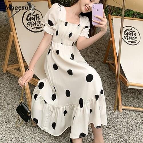 Women Square Collar Niche Wave Point Long Dress French Style Vintage Bubble Sleeve Short Sleeve Dress Female Robe Vestidos 14105