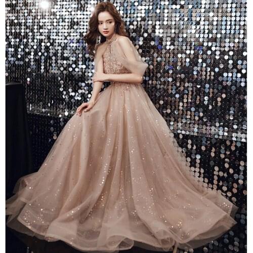 Robe De Soiree Longue Sexy Elegant Tulle Sequins Prom Maxi Dress Long Appliques Evening Dresses Gowns Vestido De Festa Y692