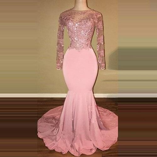 Pink Beaded Lace Mermaid Dresses 2020 Silhouette Crew Neck Backless Long Sleeves Custom Made New Gowns