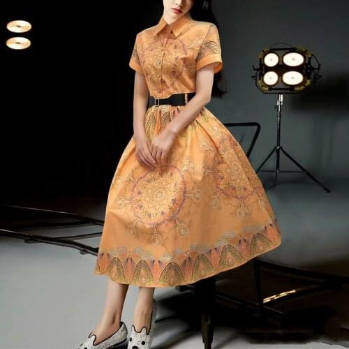 2021 summer 100% cotton women pink dresses with belt new design GEOMETRIC printed women casual dresses