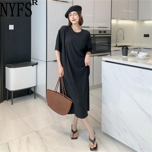 NYFS Summer Dress 2021 Korean New Loose solid Woman Dress Vestidos Robe Elbise Fashion Cotton pit strip short sleeve Dresses