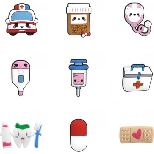 1PCS PVC Brooches Ambulance medicine bottle Infusion bottle thermometer pill band aid tooth Syringe medical kits hat bag Icons