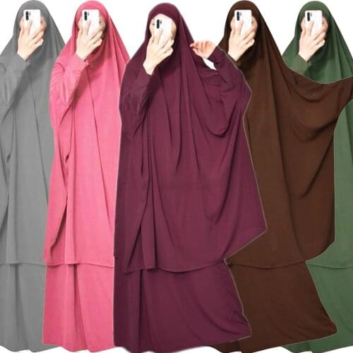 2pcs Muslim Hijab Abaya Dress Islamic Prayer Modest Full Cover Burqas Middle East Arab Women Maxi Kaftan Khimar Worship Service