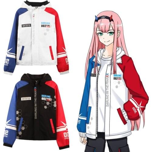 Anime Darling in the Franxx Zero Two 02 Cosplay Hooded Unisex Zipper Hoodies Coat Long Sleeve Outwear Jacket
