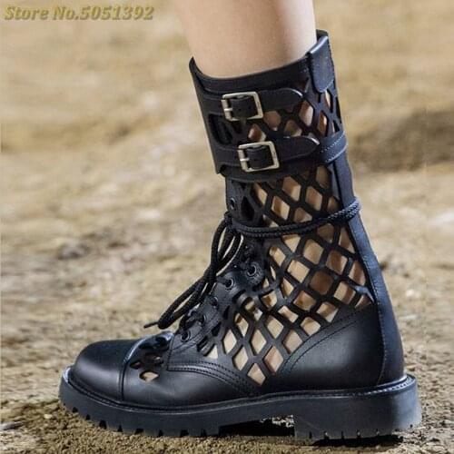 Medium Heel Hollow Ankle Buckle Booties Round Toe Heel 4 cm Lace Up Summer Breathable Boots Sping Autumn Casual Party Shoes
