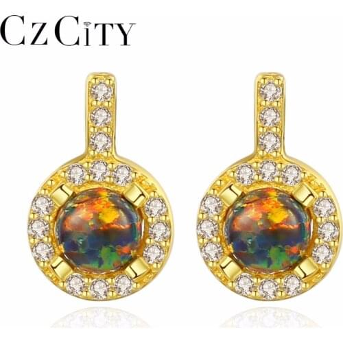 CZCITY 925 Sterling Silver Round Fire Opal Stud Earrings for Women Trendy Colorful Birthstone Earrings Fine Anniversary Jewelry