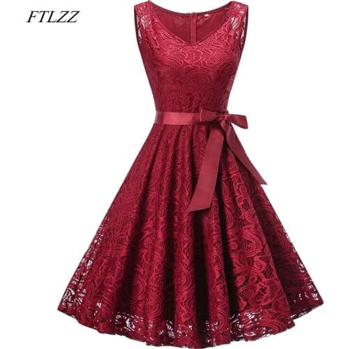 FTLZZ Summer Dress Women Vintage V neck Sleeveless Belt Tunic Floral Lace Patchwork Hollow Out Medium Long Dresses