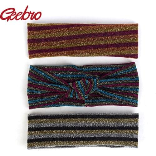Geebro Fashion Shiny Metal color Bow Knotted Elastic Headband Striped Bohemia Hairband For Female Summer Accessories Headwear