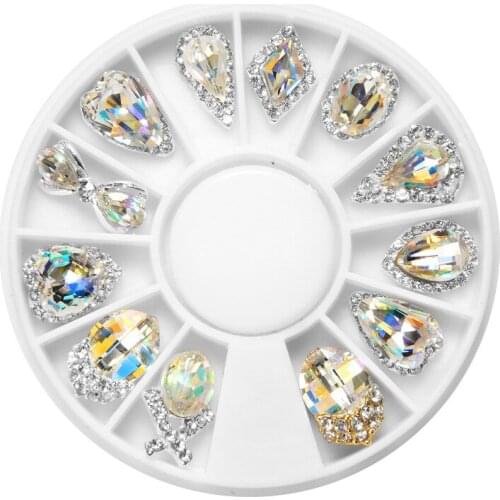 Hot Sale 12pcs/set Rhinestones Wheel AB Nail Stone Gem Nail Tips Nail Art Decoration 3D Acrylic DIY Mixed Silver Round