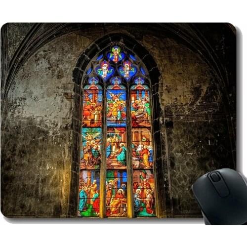 Gaming Mouse Pad Custom,Colorful Church Window Glass Light Spirit Mouse Pad Stitched Border