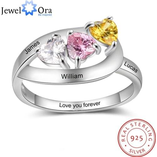 Personalized Custom Name Silver Rings for Women 925 Sterling Silver Engrave Ring with 3 Heart Birthstones Fine Jewelry Gift