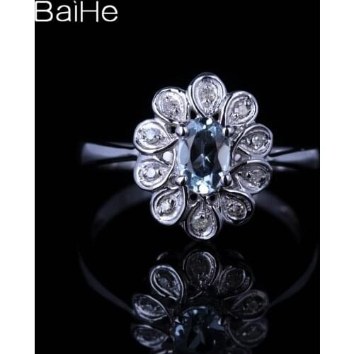 BAIHE Genuine Sterling Silver 925 0.362ct Sea Blue Oval Aquamarine Ring Gift Trendy Fine Jewelry Flower Ring Women кольцо кольцa