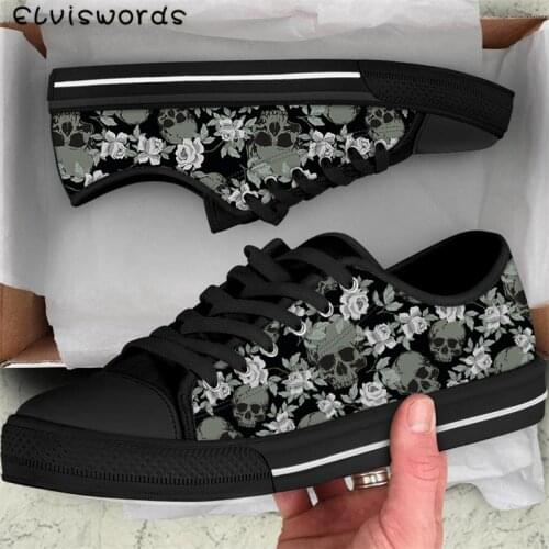 ELVISWORDS Retro Punk Skull Flower Print Vulcanized Shoes Classic Canvas Women Flats Light Breathable Sneakers for Ladies Girls