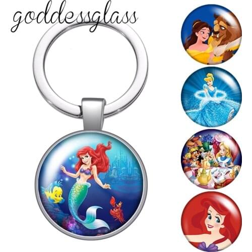Princesses Alice Little mermaid Belle Round glass cabochon keychain Bag Car key chain Ring Holder Charms keychains for Kids gift