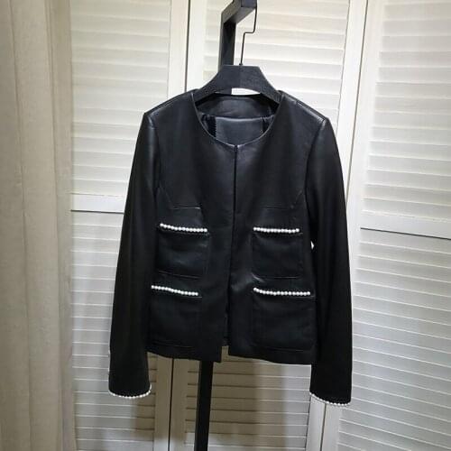 New designer Womens High Quality Sheepskin Genuine Leather Pearls beading O-neck jackets C942