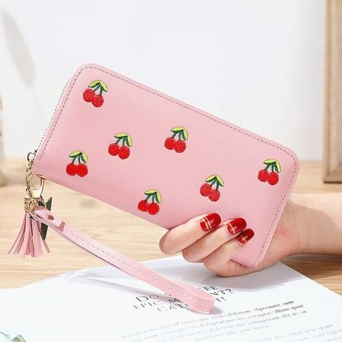 Fashion Tassel Women Wallet Long Leather Cherry Ladies Wallets Embroidered Zipper Clutch Bag Card Purse Porte Feuille Femme 2021
