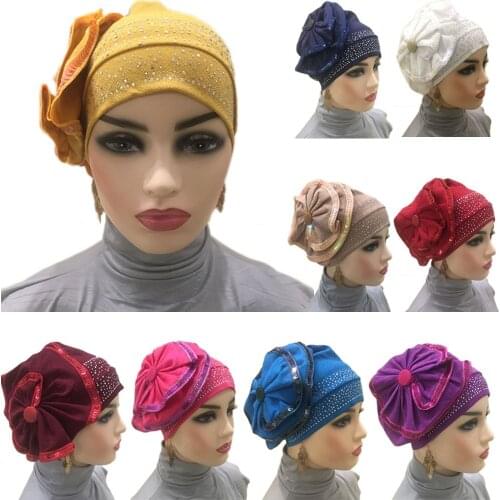 New Muslim Hijab Flower Ruffle Chemo Hat Women Turban Headband Scarf Beanie Cap for Cancer Patient Hat Sequins Rhinestone Cap