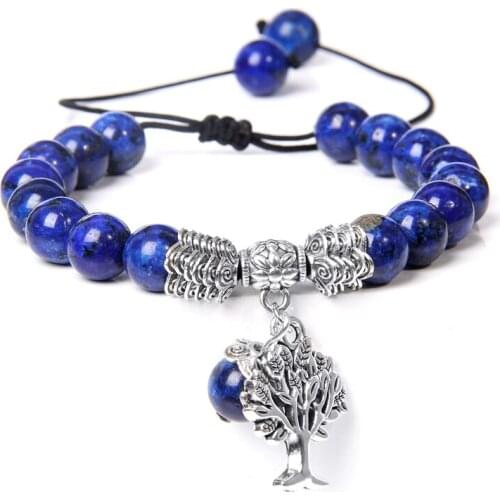 Natural Lapis Lazuli Beads Woven Bracelet Life of Tree Pendant Adjustable Braided Yoga Healing Reiki Bracelet Jewelry Men Women