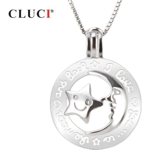 CLUCI 925 Sterling Silver Moon and Star Cage Pendant Jewelry for Mothers' Day Gift Women Silver 925 Pearl Cage Pendant SC270SB
