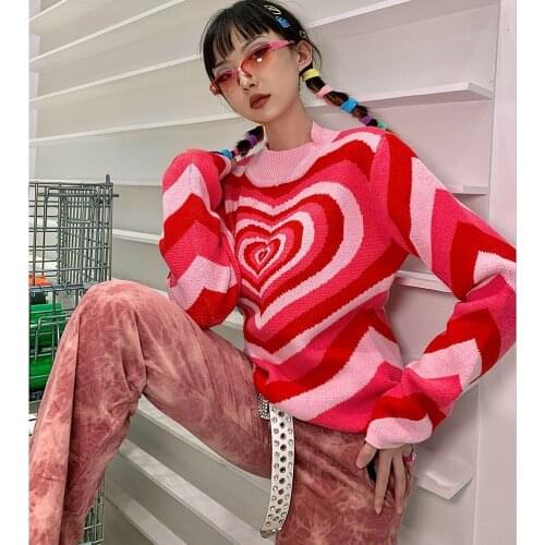 Hot Pink Sweater Y2K Heart Striped Knitted Sweet Long Sleeve Turtleneck autumn Streetwear Knitwear 2021 retro Tops Cute pulrsers