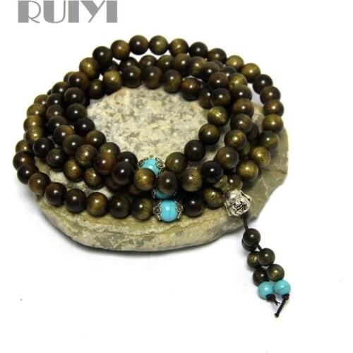Ruiyi 108 Golden Phoebe wood Silkwood Green Mala Beads Buddhist Prayer Beads Wrap Bracelet Meditation Mala Necklace