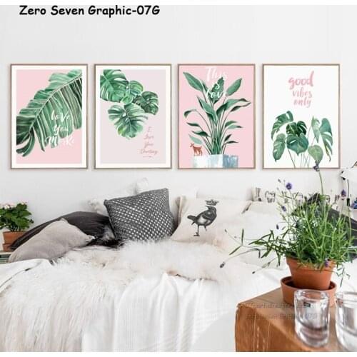 Nordic Fashion Pink Background Watercolor Monstera Banana Leaf Canvas Poster Print Wall Art Decoration Pictures For Living Room