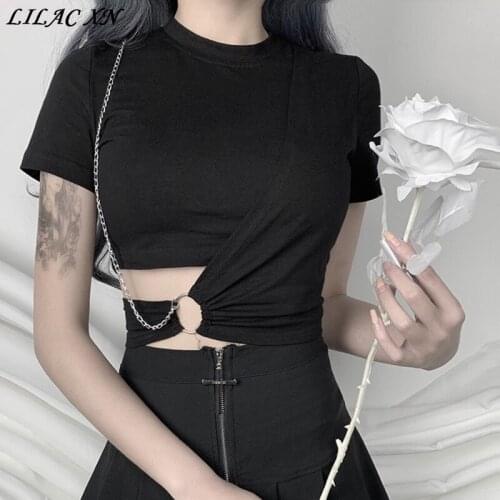 Salircon Goth Chain Corset Crop Top Punk Aesthetic Harajuku Black Womens T-Shirt Y2K Tops Sexy Summer Streetwear Clothing 2021