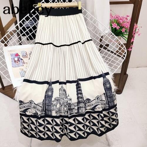 French Skirt Women A-line Elastic High Waist Lace Up Vintage Chiffon Womens Skirts 2021 Long Summer Fashion Clothes Female