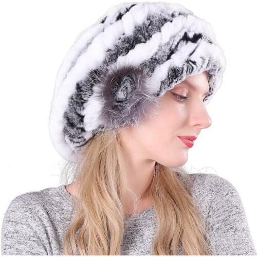Women Berets Thick Warm Winter Skullies Beanies High Quality Real Rabbit Fur Hat Ladies Knitted Winter Beret Hat Women