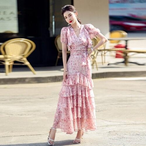 2021 Summer New Elegant Flower Print Womens Two Piece Set Sweet Pink Chiffon Shirt Lace-Up Top + High Waist Fishtail Skirt Suit