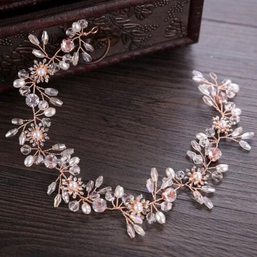 FORSEVEN Rose Gold Handmade Floral Bridal Bride Wedding Party Hairbands Tiaras Crystal Beads Pearl Headbands Women Hair Jewelry