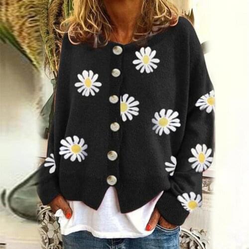 Women Long Sleeve Marguerite Print Sweater Cardigan Autumn Knitted Jacket Coat