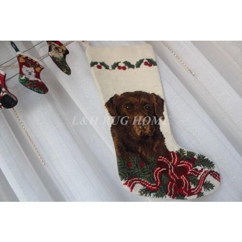 Free Shipping Christmas Needlepoint Socks Hand knotted Merry Christmas Stocking Sock Cute Dogs Design Stocking Socks 28X43CM