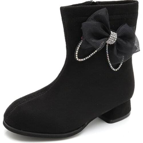 Fashion bow princess girl shoes for kids 10 to 12 year old children Socks High heels shoes comfort winter black warm Suede boots