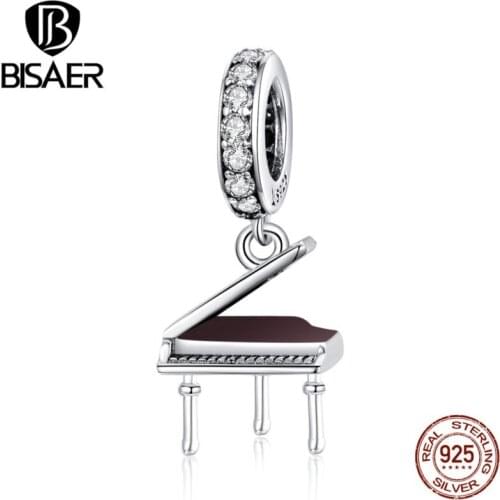 BISAER Grand Piano Charms 925 Sterling Silver Musical Instrument Pendant Beads for Bracelet Necklaces DIY Jewelry ECC1733