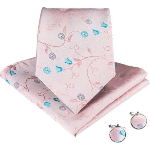DiBanGu 2019 Fashion Pink Blue Floral Tie for Men 100% Silk Necktie Hanky Cufflinks Suit Business Wedding Party Tie Set SJT-7010