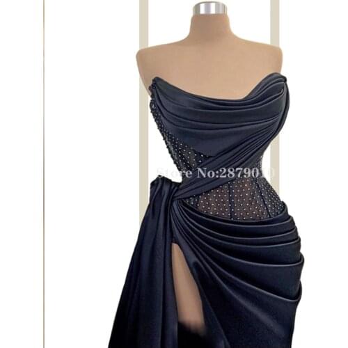 Elegant Dark Blue Strapless Evening Dress Sheath Full-Length Satin Prom Dress Beaded Slit Vestido de festa Formal 2020 Dubai