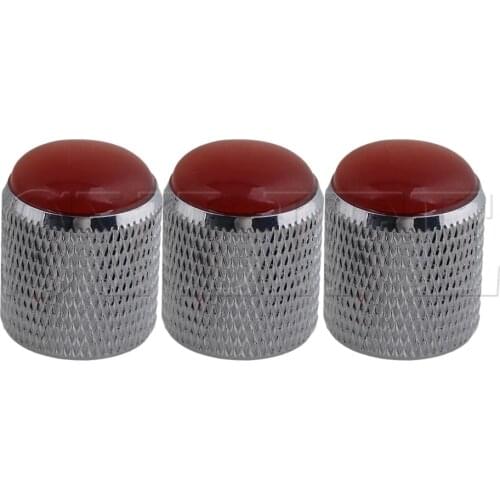 Alloy Domed Electric Guitar Bass Knobs + Red Glass Head Silver 3pcs