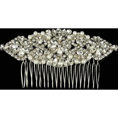 Floralbride Art Deco Silver Color Rhinestones Crystals Pearls Flower Wedding Hair Comb Bridal Hair Accessories Bridesmaids Women