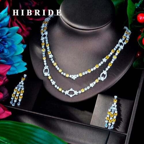 HIBRIDE Luxury Double White gold Color Yellow Cubic Zircon Women Jewelry Set For Bridal Party Accessories Jewelry Gifts N-929