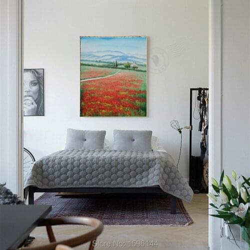 Hand Painted Oil Painting On Canvas Red flower Pastoral Landscape Wall Art Picture Home Decoration For Living Room