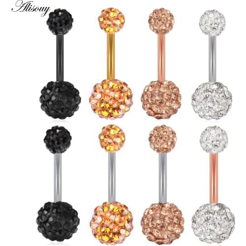 Alisouy 1pc Trendy Navel Crystal Double Crystal Ball Belly Bar Navel Belly Button Ring Belly Ring Piercing Body jewelry 10mm