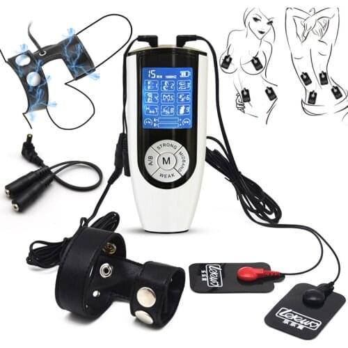 Strong Dual-Output Electro Shock Leather Penis Ring Penis Enlarger Delay Cock Ring Massage Pad Male Electric Stimulation Sex Toy