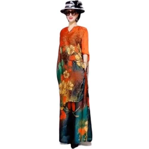 Oversize Fashion Wide-Leg Pants Suit Women Summer Mother Dress Women Round Neck Fragrant Cloud Yarn Silk Dress Two-Piece Lady