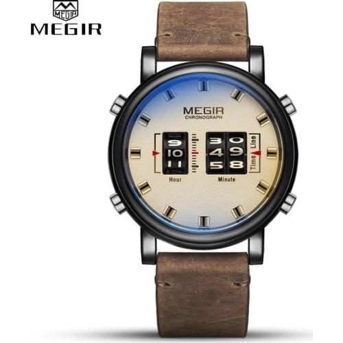 MEGIR Fashion Mens Roller Design Business Clock Men Quartz Watch Leather Waterproof Casual Sport Mens Watches Relogio Masculino