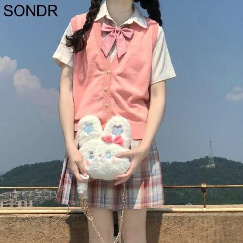 Kawaii Sweet Cute Soft Girl Knitted Tops 2020 Autumn New College Style Sleeveless Sweater All-Match Vests Women V-Neck Pink Top