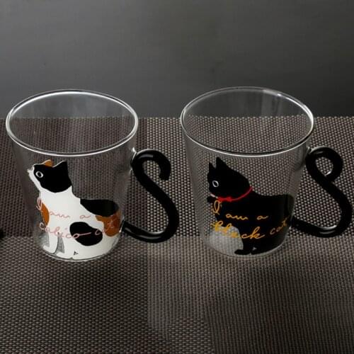 Valentines Day Lover Gifts Creative style 250ML Cute Cat Glass Juice Coffee Cup Milk Tea Coffee Glass Mug Cat Tail Handle Cat