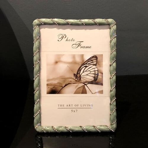 Rectangle Gold Green Jeweled Metal Photo Frame 4x6 5x7 inches European Home Desk Decor Hand Enameled Zinc Alloy Picture Frame